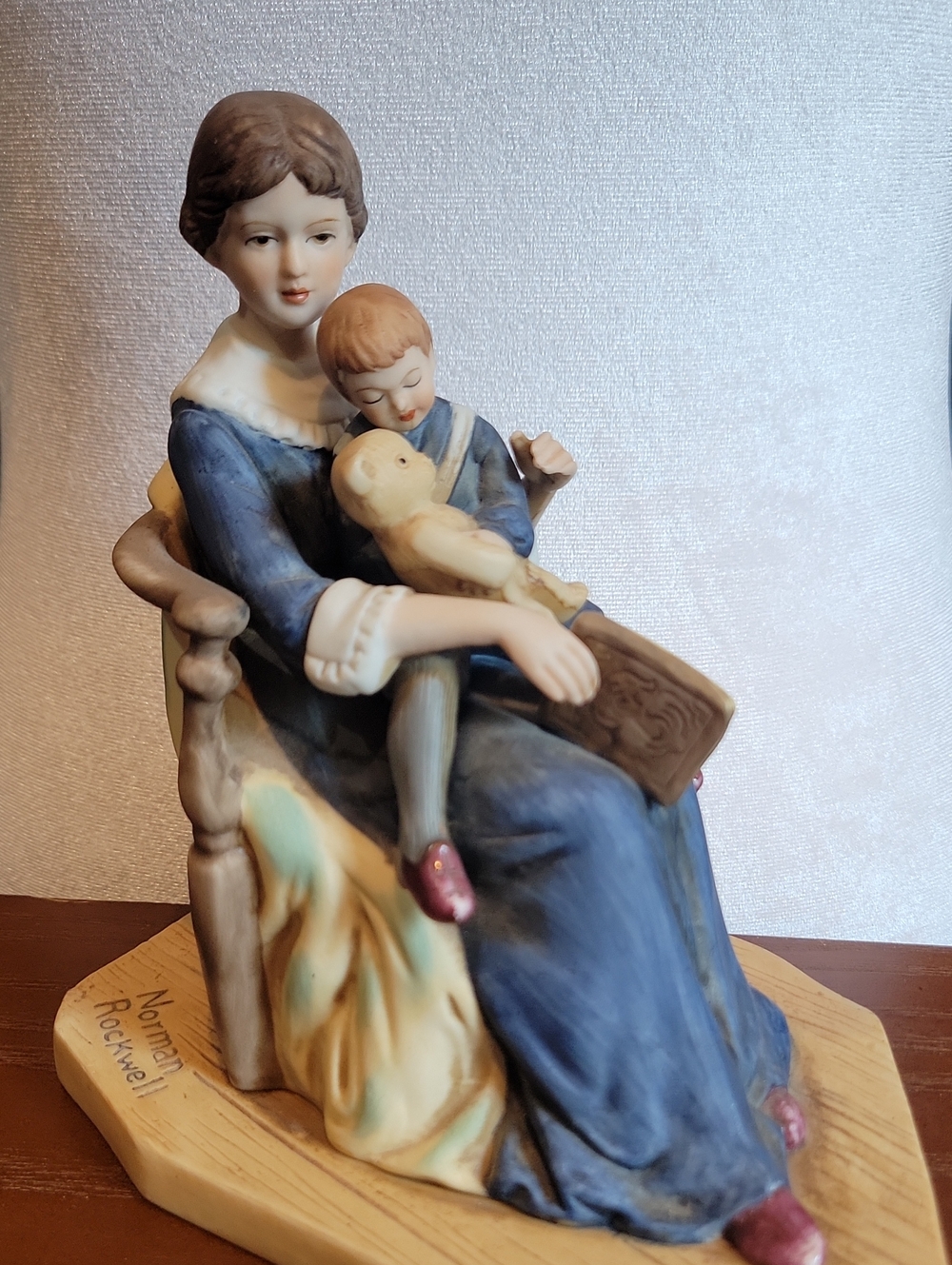 Norman Rockwell Mother and Children Figurine in Blue and Cream